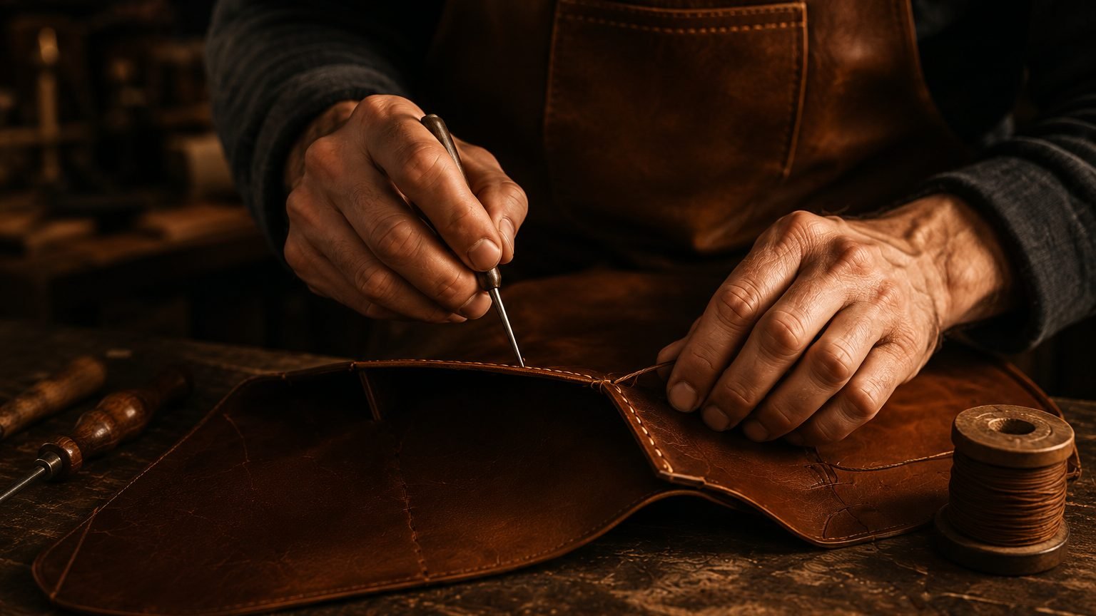 An artisan hand-stitching a leather wallet at the workbench in our Marrakech workshop